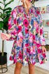 Multi-Color Floral Tie Neck Bubble Sleeve Shift Dress